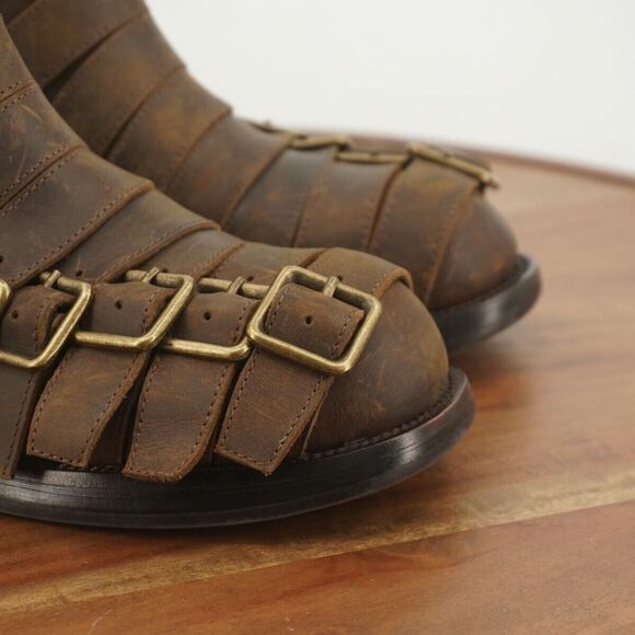 Jeffrey Campbell Womens Belted Up Biker Boots Brown Leather Buckles Block Heel 6 - Picture 2 of 9